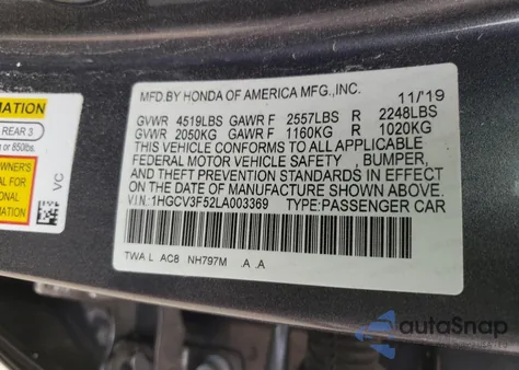2020 Honda Accord Hybrid Exl from USA, damaged, VIN 1HGCV3F52LA003369
